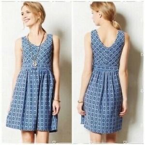Anthropologie Maeve Lazuli Knit Dress 8 Fit & Flare V Neck Sleeveless Blue White
